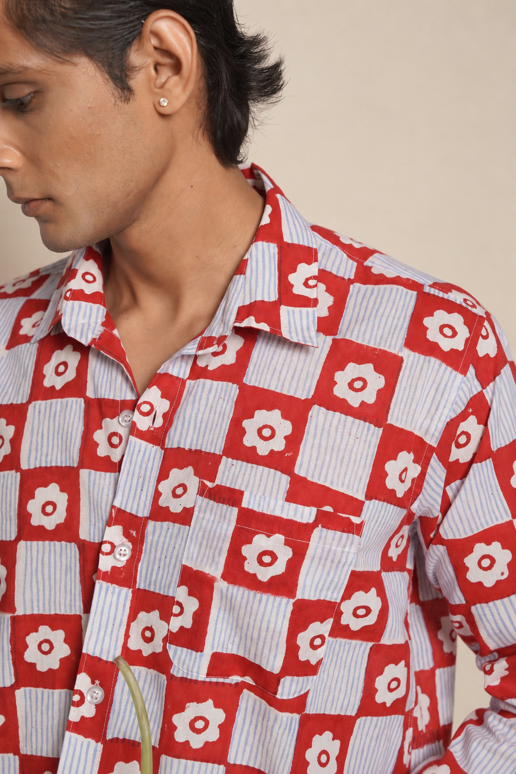 Red floral check, up close